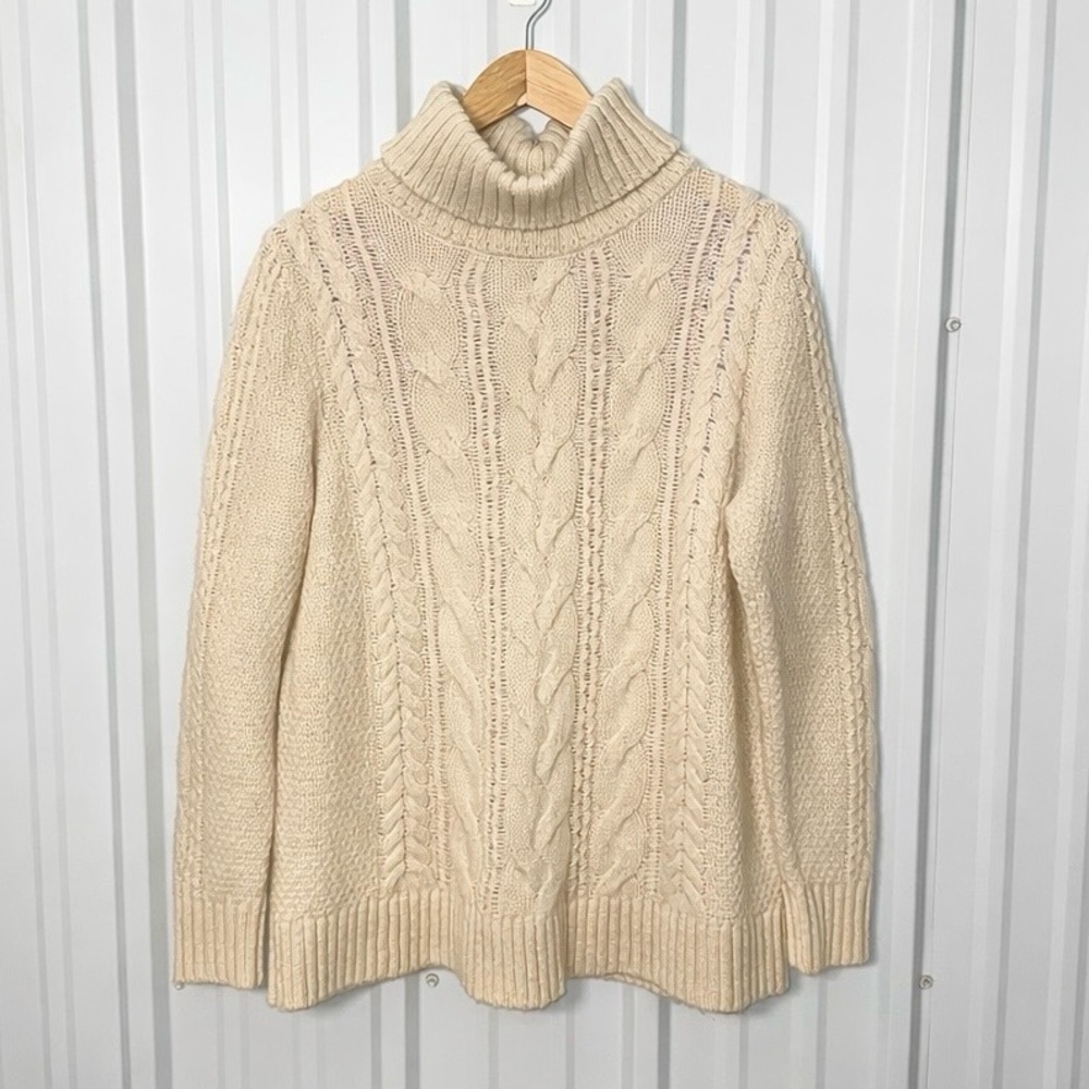 LL Bean Ivory Wool Fisherman’s Cable Knit Turtleneck Sweater Women Large Casual
